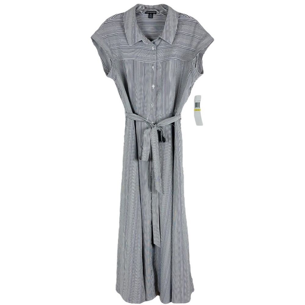 NWT Nina Leonard grey white stripe coastal preppy midi belted dress medium